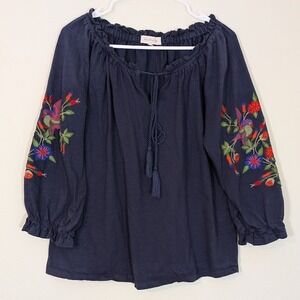 Boho Embroidered‎ Peasant Blouse Navy Tassel Top Size L Solitaire 3/4 Sleeve